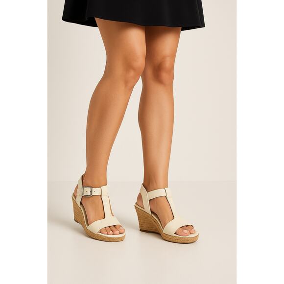 Marc Fisher Cream Leather Espadrille Wedge Sandals Women’s 6.5M Adjustable Strap - Picture 1 of 8